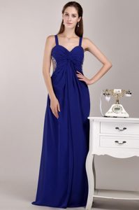 Straps Long Royal Blue Ruched Beaded Chiffon Prom Dresses for Cheap