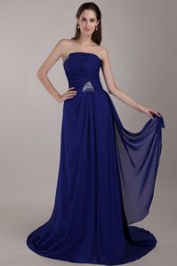 Royal Blue Strapless Ruched Beaded Chiffon Prom Dress for Ladies
