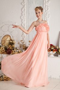 Watermelon Strapless Long Ruched Chiffon Prom Dresses with Rosettes