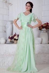 Light Green V-neck Long Ruched Beaded Chiffon and Lace Prom Dresses