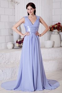 Best V-neck Lilac Ruched Chiffon Prom Pageant Dress with Beading