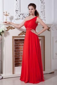One Shoulder Long Red Chiffon Ruched Prom Dresses with Beaded Waist