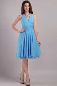 Most Popular V-neck Knee-length Aqua Blue Chiffon Prom Dresses for Parties