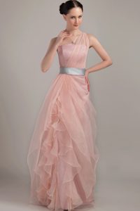 One Shoulder Long Ruffles Organza Baby Pink Prom Dress with Silver Belt