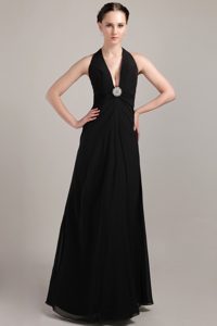 Newest Plunging Neckline Halter Black Long Prom Dress with Appliques