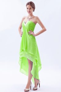 Slot Neckline Layered High-low Spring Green Ruched Chiffon Prom Party Dress