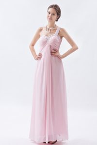 Baby Pink One Shoulder Long Ruched Chiffon Prom Dress with Beading