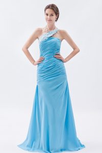 One Shoulder Aqua Blue Ruched Prom Party Dresses with Appliques