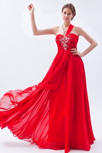 Red One Shoulder Long Ruched Chiffon Prom Party Dress with Beading