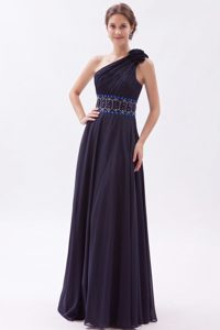 One Shoulder Long Ruched Beaded Navy Blue Prom Dress with Flowers