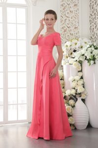 Scoop Short Sleeves Long Watermelon Satin Prom Dresses for Celebrity