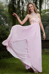 Sweetheart Long Baby Pink Chiffon Prom Evening Dress with Appliques