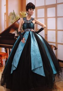 New Round-neck Long Ruched Blue and Black Prom Dress with Beading