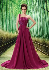 One Shoulder Eggplant Purple Prom Dress with Beading and Flower