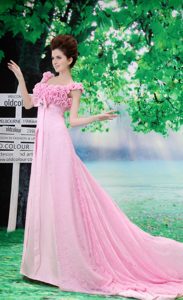 Square Straps Pink Lace Prom Pageant Dresses with Flowers on Sale