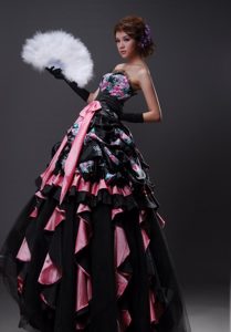 Strapless Long Multi-colored Ruffled Prom Dress with Pick-ups and Bow