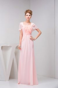 Square Short Sleeves Long Baby Pink Ruched Prom Dress with Flowers