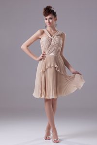 V-neck Straps Knee-length Champagne Ruched Chiffon Prom Dress with Pleats