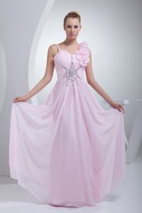 Baby Pink Spaghetti Straps Long Ruched Beaded Prom Dress with Flower