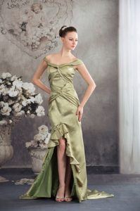 Off-The-Shoulder High-low Olive Green Ruched Taffeta Prom Dress