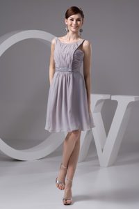 Chic Scoop Straps Knee-length Gray Ruched Chiffon Prom Dresses with Beading