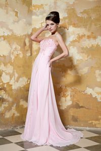 Strapless Baby Pink Ruched Chiffon Prom Party Dress with Beading
