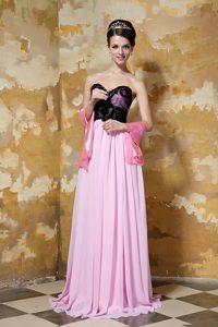 Sweetheart Pink Chiffon Prom Dresses with Shawl and Black Flower