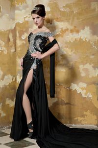 One Shoulder Beaded Black Prom Dresses with High Slit and Shawl