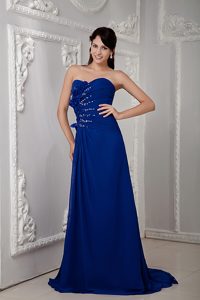 Royal Blue Ruched Sweetheart Prom Dress with Beading and Flowers