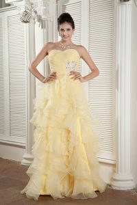 Light Yellow Sweetheart Long Ruched Beaded Prom Dresses with Ruffles