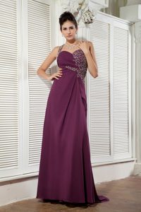 Dark Purple One Shoulder Ruched Chiffon Prom Dress with Beading