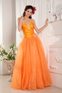 Customized Orange Sweetheart Long Ruched Prom Dress with Appliques