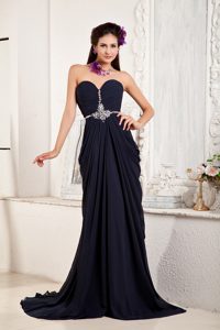 Sweetheart Navy Blue Ruched Chiffon Drapped Beaded Prom Dress
