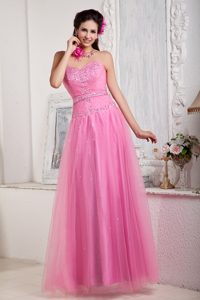 Rose Pink Sweetheart Long Ruched Tulle Prom Party Dress with Beading
