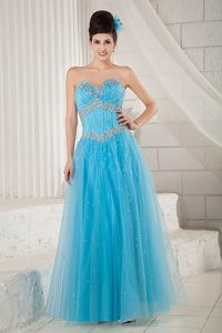 Nice Sweetheart Long Aqua Blue Tulle Prom Pageant Dress with Beading