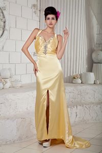 Straps Gold Ruched Beaded Taffeta Prom Dresses for Ladies with Slit