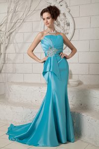 Strapless Aqua Mermaid Taffeta Prom Celebrity Dress with Applique