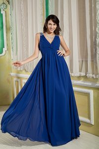 V-neck Straps Long Ruched Royal Blue Chiffon Prom Dress with Beading