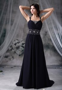 Navy Blue Straps Ruched Chiffon Beaded Prom Dresses for Celebrity