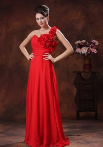 One Shoulder Long Ruched Red Chiffon Prom Party Dresses with Flowers
