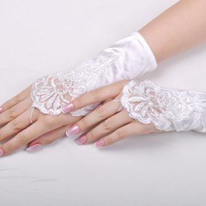 Gorgeous Satin Fingerless Wrist Length Bridal Gloves With Appliques