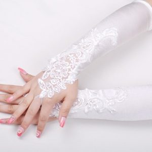 Satin Fingerless Elbow Length Bridal Gloves With Beading And Appliques