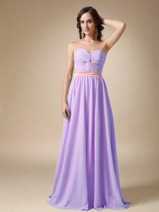 Lilac Sweetheart Long Chiffon Prom Dress with Ruching and Orange Belt