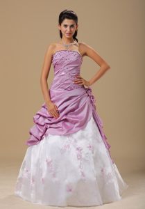 Strapless Long Lavender and White Beaded Prom Dresses with Pick-ups