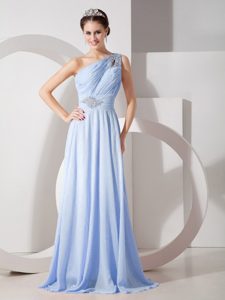 Baby Blue One Shoulder Long Ruched Chiffon Prom Dress with Beading