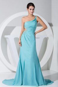 One Shoulder Aqua Blue Ruched Prom Dress with Beading for Less