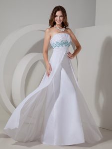 Ruched Strapless Long White Chiffon Prom Dress with Beading on Sale
