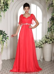 Short Sleeves Coral Red Ruched Prom Pageant Dress with Beading