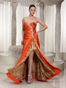 One Shoulder Long Orange Ruched Prom Dress with Appliques and Slit
