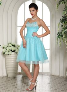 Sweetheart Knee-length Aqua Blue Tulle Prom Dresses for Juniors with Beading